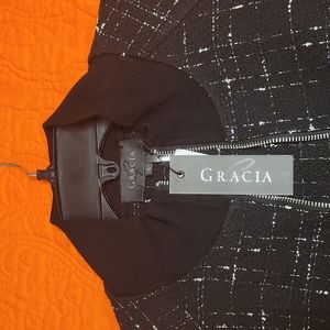 Gracia black tweed jacket with faux leather around the bottom of jacket sz. Lg